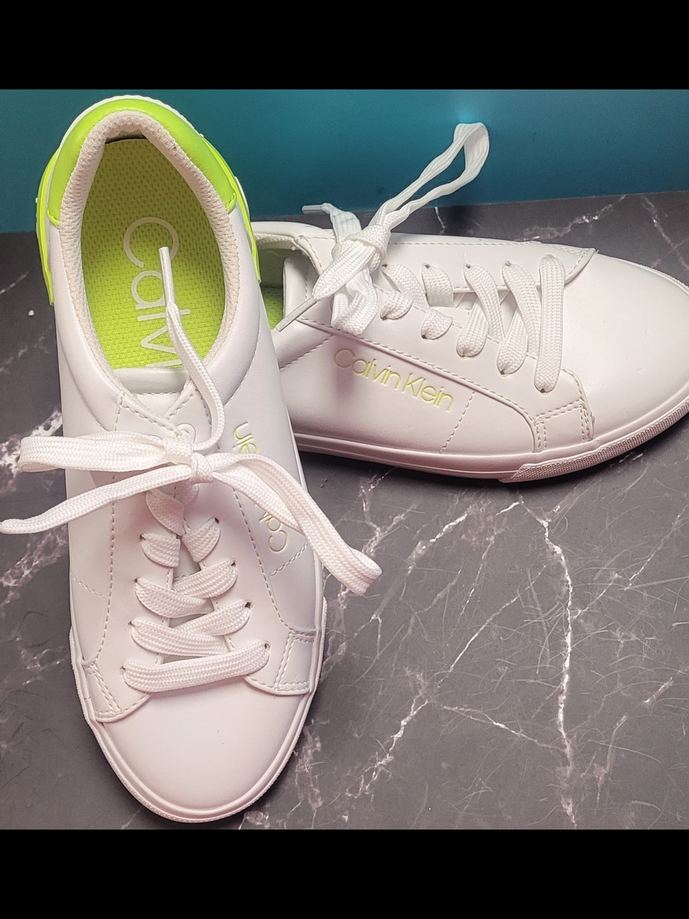 Calvin Klein Women’s White Sneakers with Lime Accent
